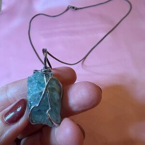 Raw Aquamarine Crystal Wire-Wrapped Pendant w/ Silver Necklace Chain